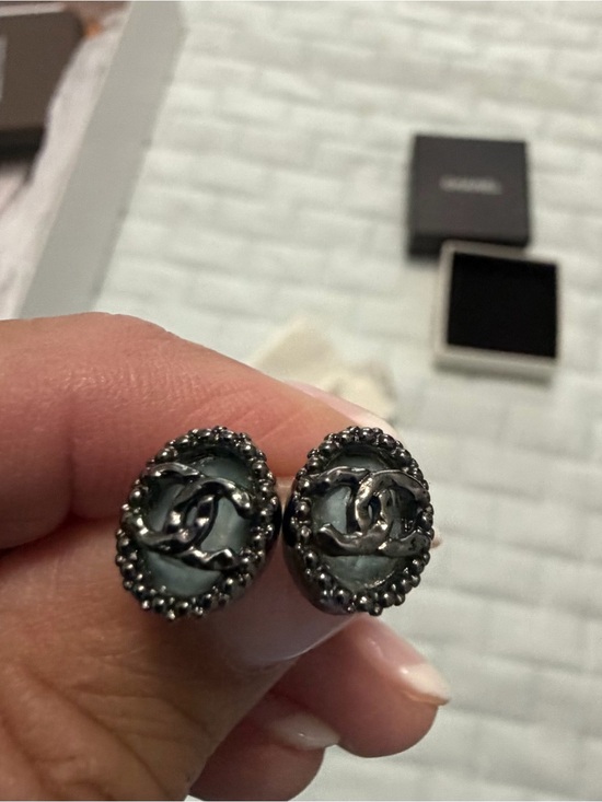 CHANEL Jewelry - CHANEL Gunmetal CC oval Stud Earrings with Beaded Edge over an aqua stone in box